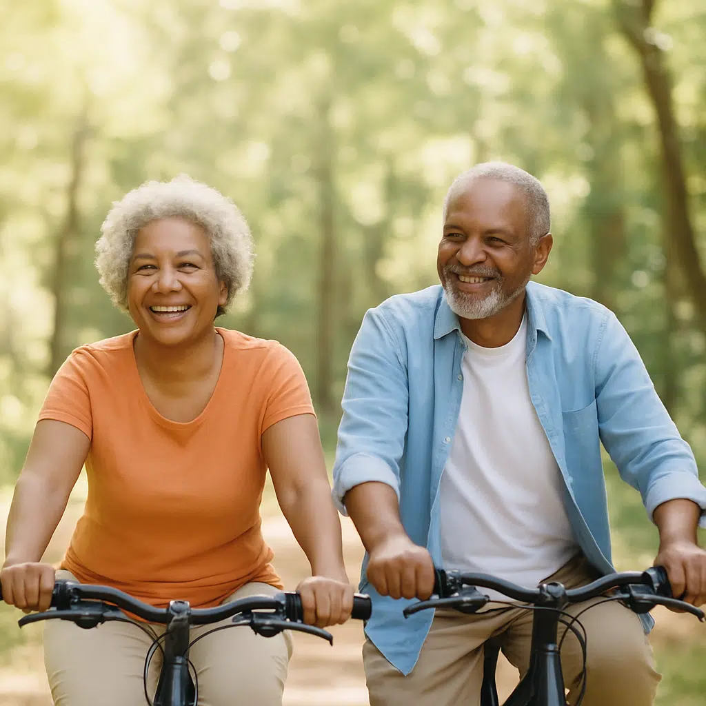 Smiling older couple riding bicycles outdoors, enjoying an active lifestyle