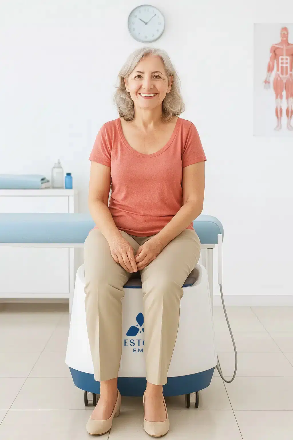 Smiling patient comfortably seated on the ReStora EMS chair in a clinical setting